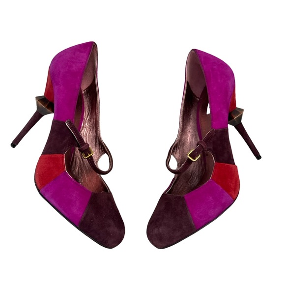 Miu Miu Colorblock Suede Mary Jane Heels Size 37 Sculptural Heel Designer Pink - Picture 5 of 11